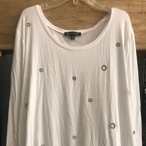 INC white tee with silver and gold rhinestone studded embellishments